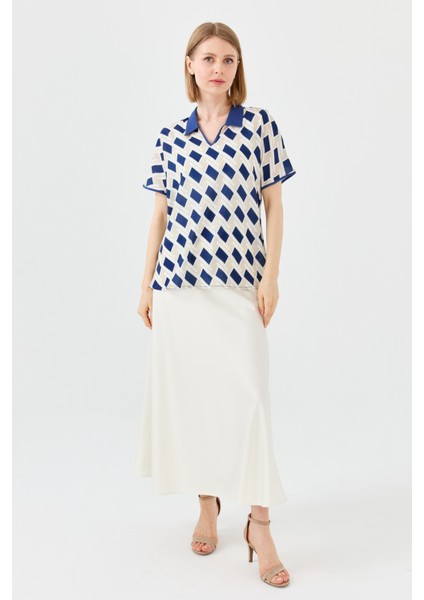 Kadın Polo Yaka Kare Desenli T-Shirt Lacivert