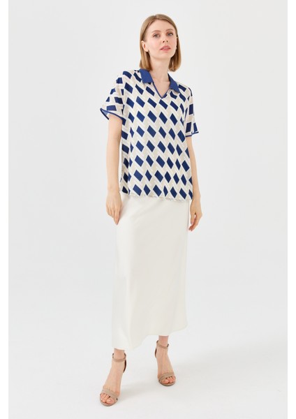 Kadın Polo Yaka Kare Desenli T-Shirt Lacivert fiyatları