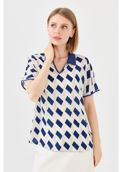 Kadın Polo Yaka Kare Desenli T-Shirt Lacivert modelleri