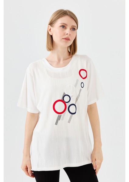 Kadın Sıfır Yaka Halka Desenli Penye T-Shirt Kemik fiyatları