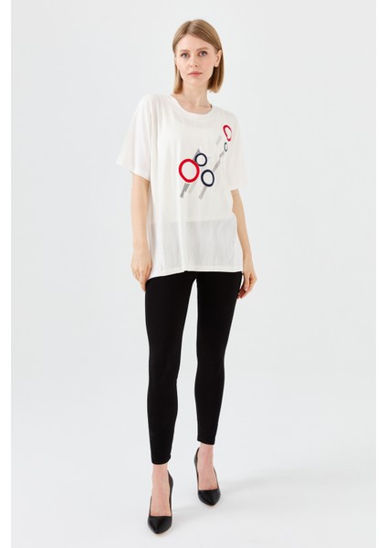 Kadın Sıfır Yaka Halka Desenli Penye T-Shirt Kemik fırsatları