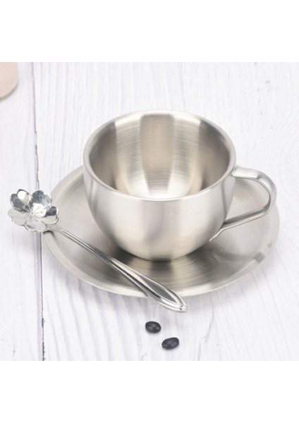 Yaratıcı Minimalist Ofis Bardakları Paslanmaz Çelik Öğleden Sonra Çay Bardağı Daire Seti Kaşık Su Kupa Porcelana Tazas Ev Drinkware DF50 | Kahve Kupası ve tabak Setleri (Yurt Dışından)
