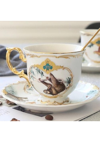 Seramik Kahve Fincanı ve Dailer Hayvan Desen Porselen Kahve Fincanı ve Çanak Seti Ev Partisi Öğleden Sonra Çay Seti Drinkware | Kahve Kupası ve tabak Setleri (Yurt Dışından)
