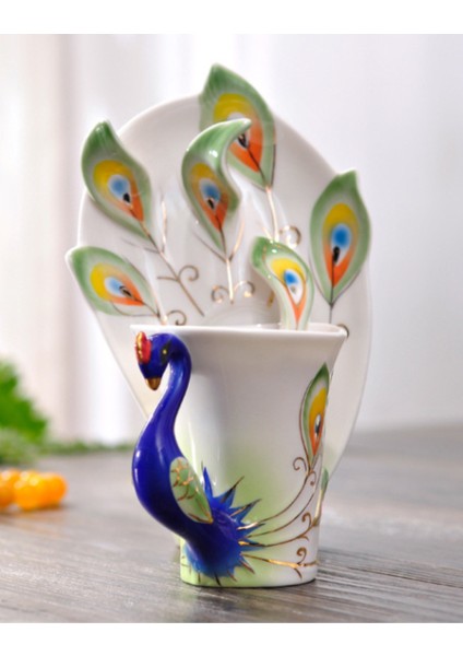 Yaratıcı 3D El Crafted Porselen Emaye Tavuskuşu Kahve Fincanı Set Tabağı ve Kaşıkla Set Mevcut Seramik Çay Su Kupası Bulaşık Hediye | Kupa ve tabaklar (Yurt Dışından)