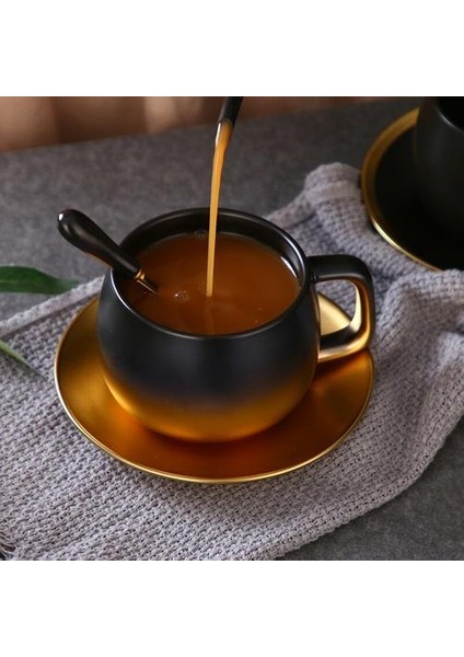 Yaratıcı Degrade Seramik Kahve Fincanı Çizim Altın Kaba Yüzey Bardak Fincan Seti Set Basit Ingilizce Öğleden Sonra Çay Kupası Latte Kahve Kupası | Kahve Kupası ve tabak Setleri (Yurt Dışından)