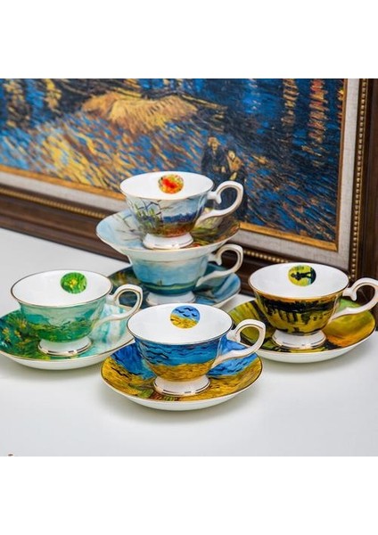 Zarif Boyalı Çay Seti, Van Gogh Kahve Fincanı ve Tabağı, Seramik ve Işletme |çay Bardağı ve Tabağı Seti (Yurt Dışından)