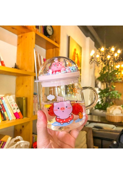 Çizgi Film Cam Kupa Yaratıcı Domuz Tavşan Ayı Kahvaltı 450 ml Süt Kahve Fincanı Ev Çift Su Kupa Teacup Isı Direnci | Highball Cam (Pembe) (Yurt Dışından)