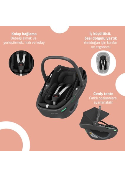 Coral 360 Dönebilir Yatabilir Isofix Bazalı 2'si Bir Arada Ana Kucağı ve Oto Koltuğu Essential Graphite