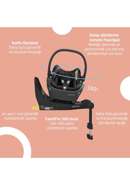 Coral 360 Dönebilir Yatabilir Isofix Bazalı 2'si Bir Arada Ana Kucağı ve Oto Koltuğu Essential Green