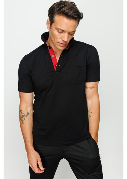 Erkek Polo Yaka Düğmeli Cepli T-Shirt Siyah