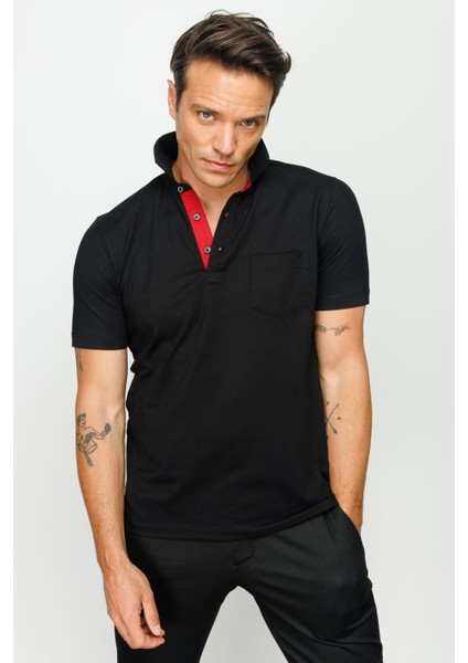 Erkek Polo Yaka Düğmeli Cepli T-Shirt Siyah fiyatları