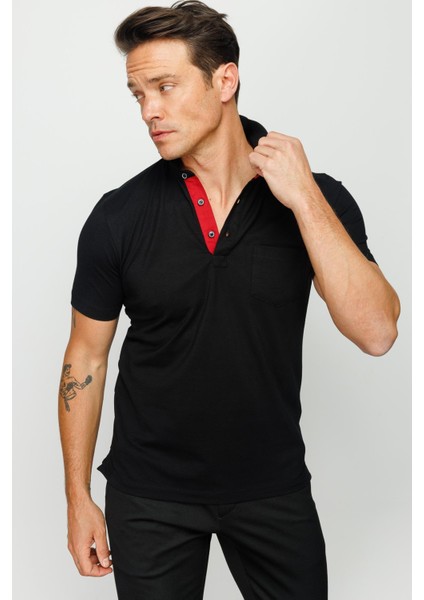 Erkek Polo Yaka Düğmeli Cepli T-Shirt Siyah indirimleri