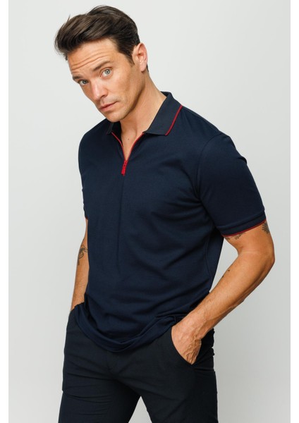 Erkek Fermuarlı Polo Yaka T-Shirt Lacivert