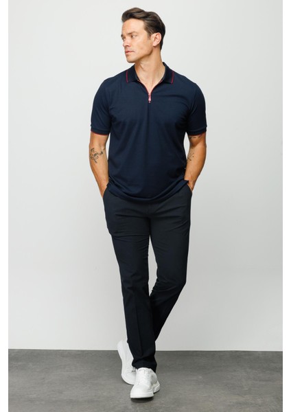 Erkek Fermuarlı Polo Yaka T-Shirt Lacivert indirimleri