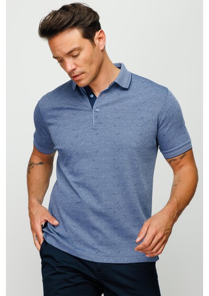 Erkek Polo Yaka Jakarlı Düğmeli Cepli T-Shirt Lacivert