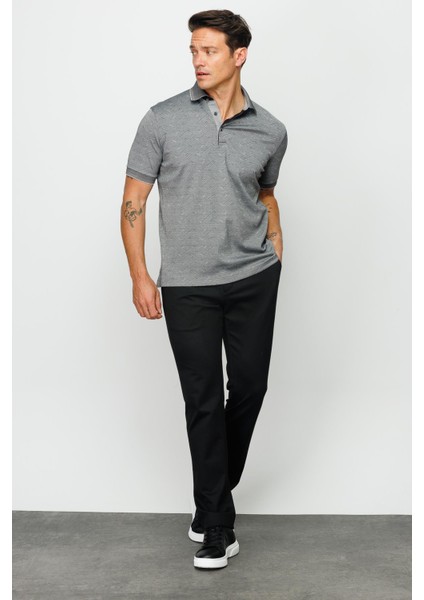 Erkek Polo Yaka Jakarlı Düğmeli T-Shirt Siyah