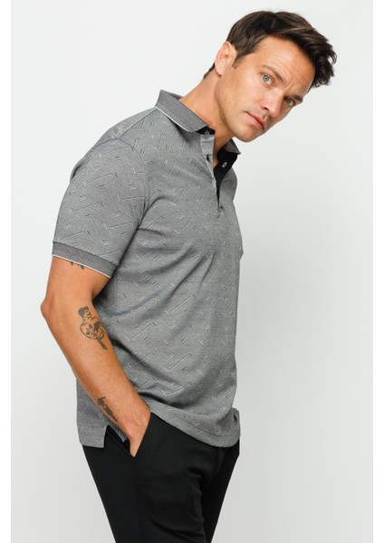 Erkek Polo Yaka Jakarlı Düğmeli T-Shirt Siyah