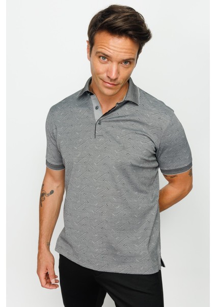 Erkek Polo Yaka Jakarlı Düğmeli T-Shirt Siyah
