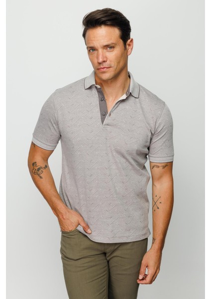 Erkek Polo Yaka Jakarlı Düğmeli T-Shirt Bej