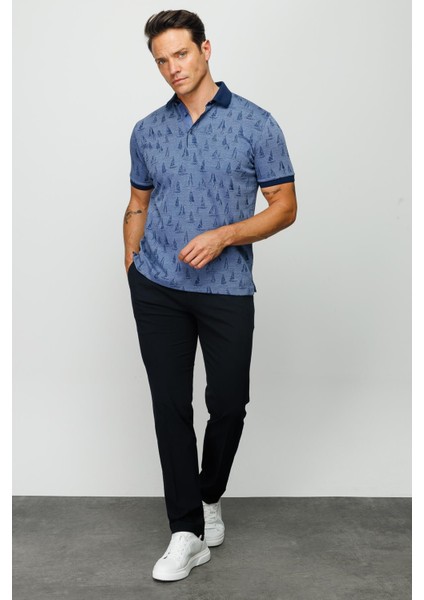 Erkek Polo Yaka Yelken Desenli T-Shirt Lacivert modelleri