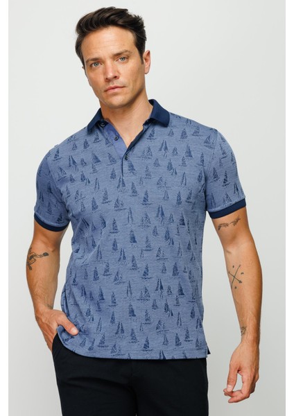 Erkek Polo Yaka Yelken Desenli T-Shirt Lacivert indirimleri