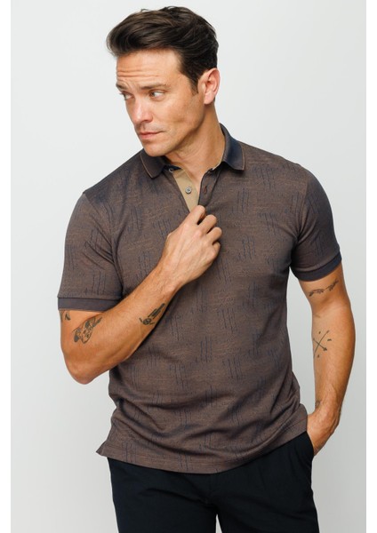 Erkek Polo Yaka Jakarlı Kısa Kollu T-Shirt Kahve indirimleri