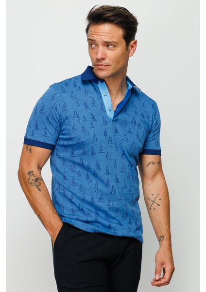 Erkek Polo Yaka Yelken Desenli T-Shirt Saks