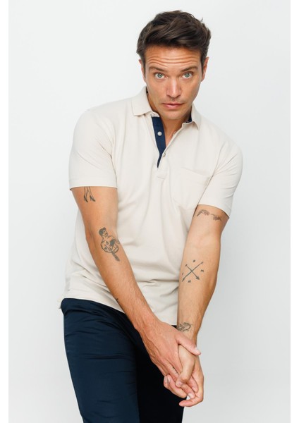 Erkek Polo Yaka Düğmeli Cepli T-Shirt Taş indirimleri