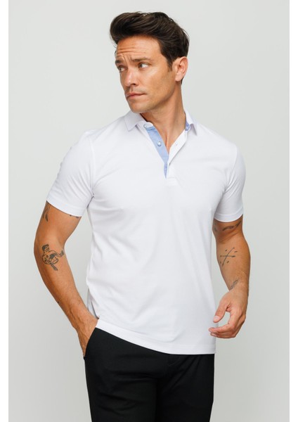 Erkek Polo Yaka Düğmeli Cepli T-Shirt Beyaz modelleri