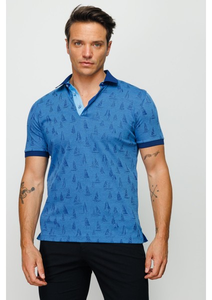 Erkek Polo Yaka Yelken Desenli T-Shirt Saks