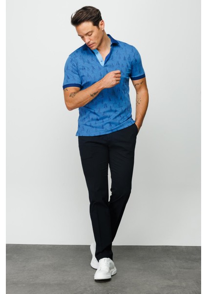 Erkek Polo Yaka Yelken Desenli T-Shirt Saks