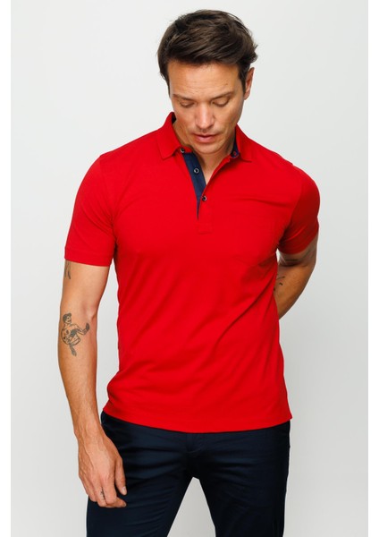 Erkek Polo Yaka Düğmeli Cepli T-Shirt Kırmızı fırsatları