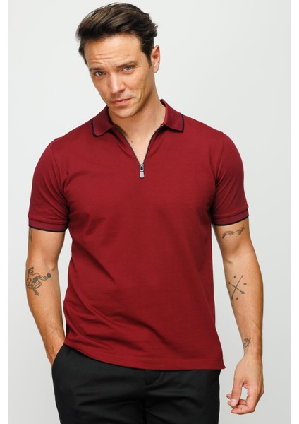 Erkek Fermuarlı Polo Yaka T-Shirt Bordo