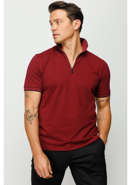 Erkek Fermuarlı Polo Yaka T-Shirt Bordo fiyatları