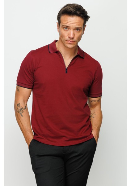 Erkek Fermuarlı Polo Yaka T-Shirt Bordo modelleri