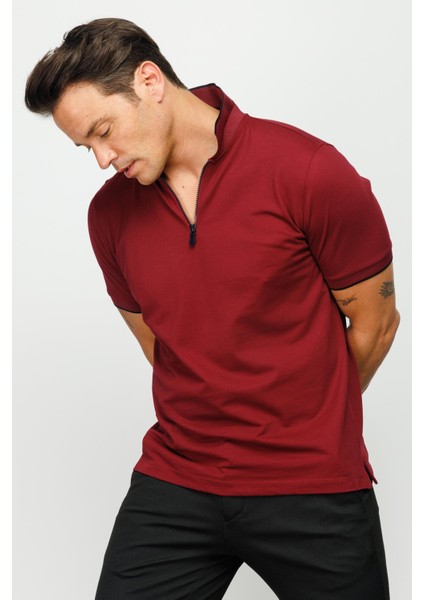 Erkek Fermuarlı Polo Yaka T-Shirt Bordo indirimleri