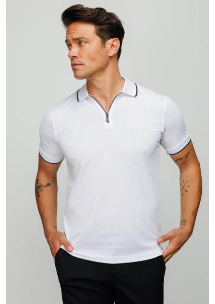 Erkek Fermuarlı Polo Yaka T-Shirt Beyaz