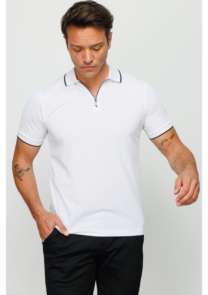 Erkek Fermuarlı Polo Yaka T-Shirt Beyaz fiyatları