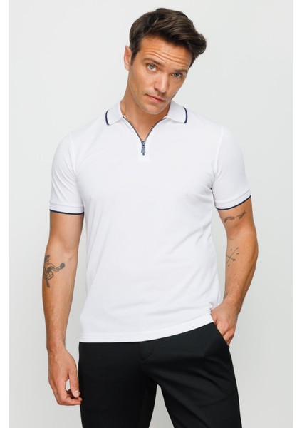 Erkek Fermuarlı Polo Yaka T-Shirt Beyaz modelleri