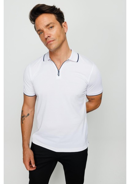Erkek Fermuarlı Polo Yaka T-Shirt Beyaz fırsatları