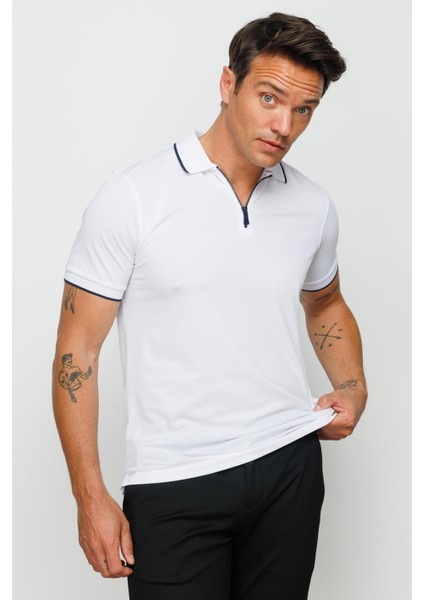 Erkek Fermuarlı Polo Yaka T-Shirt Beyaz indirimleri