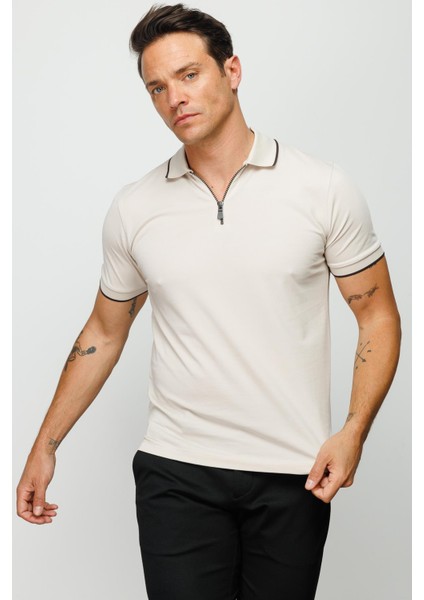 Erkek Fermuarlı Polo Yaka T-Shirt Taş