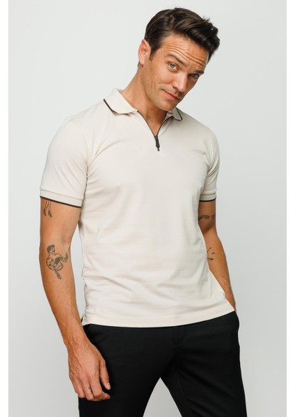Erkek Fermuarlı Polo Yaka T-Shirt Taş indirimleri
