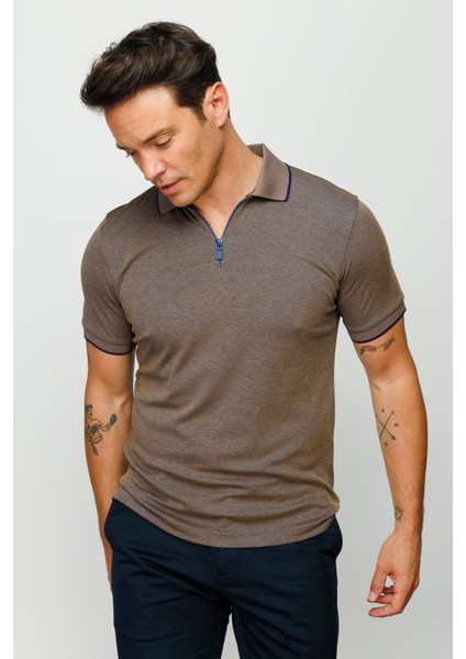 Erkek Fermuarlı Polo Yaka T-Shirt S.kahve