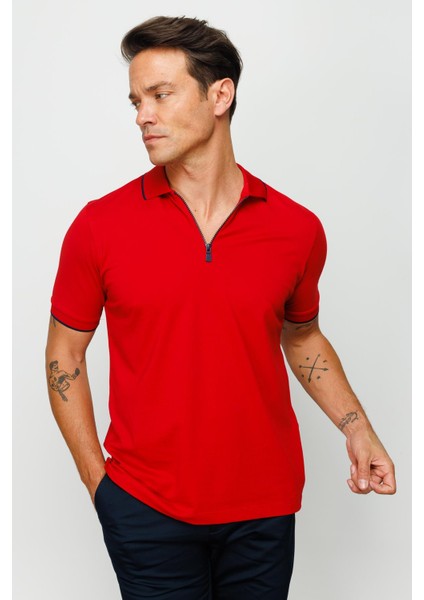 Erkek Fermuarlı Polo Yaka T-Shirt Kırmızı