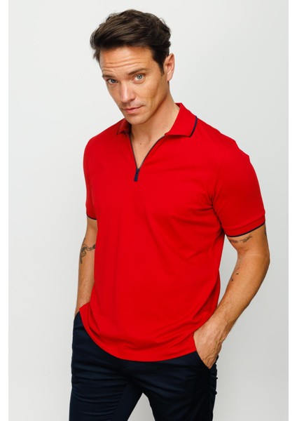 Erkek Fermuarlı Polo Yaka T-Shirt Kırmızı fiyatları