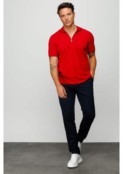 Erkek Fermuarlı Polo Yaka T-Shirt Kırmızı modelleri