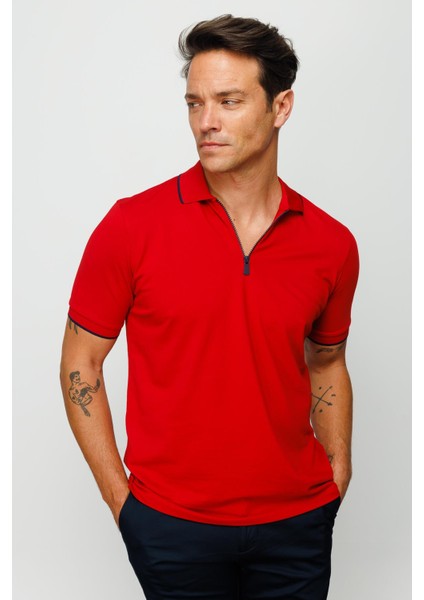 Erkek Fermuarlı Polo Yaka T-Shirt Kırmızı indirimleri