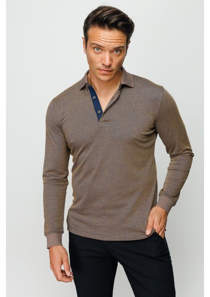 Erkek Polo Yaka Uzun Kollu Sweatshirt S.kahve