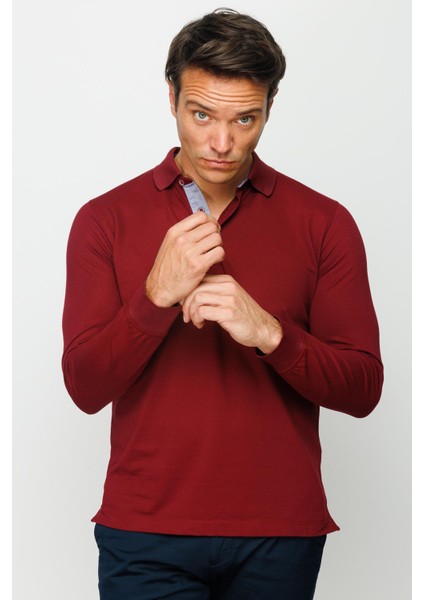 Erkek Polo Yaka Uzun Kollu Sweatshirt Bordo